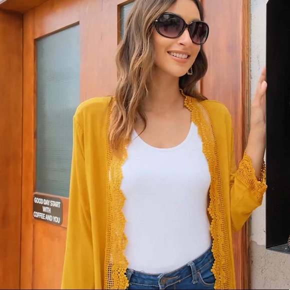 Yellow Lace trim Long Cardigan Kimono - Picture 4 of 5